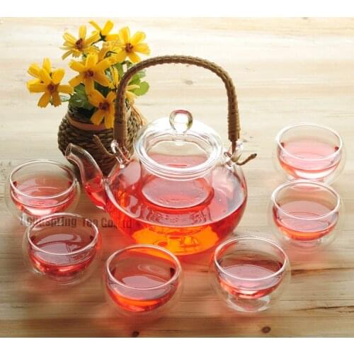 Rattan handle 600ml Glass teapot with infuser/filter+ 4/6 Cup+gift,tea set for oolong/herbal/flower/black/green/Chinese puer tea