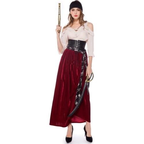 Adult Women Halloween New Cosplay Pirate Costume Sexy Cold Shoulder Tops Red Maxi Long Skirt DS Party Costume Outfit For Ladies