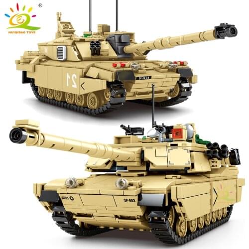 HUIQIBAO Military M1A2 Challenger Tank Model Building Block WW2 with Soldier Figures Army Weapon Brick Children Construction Toy