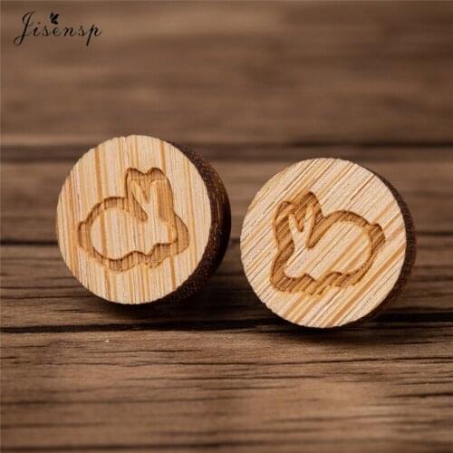 Jisensp Lovely Tiny White Rabbit Stud Earrings for Women Cute Animal Jewelry Wooden Round Earring oorbellen voor vrouwen