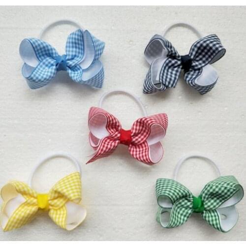 Gingham Plaid Ribbon Elastic Hair Bands Bows Clips Bobbles Ties Accessories Girl Kids Double-deck Ponytail Hairpins 20pcs HD3555