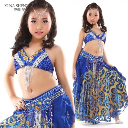8 Colors Girls Belly Dance Costume 3pcs (Bra Belt Skirt) Set Children Performance Belly Dance 3-piece Oriental Clothing New