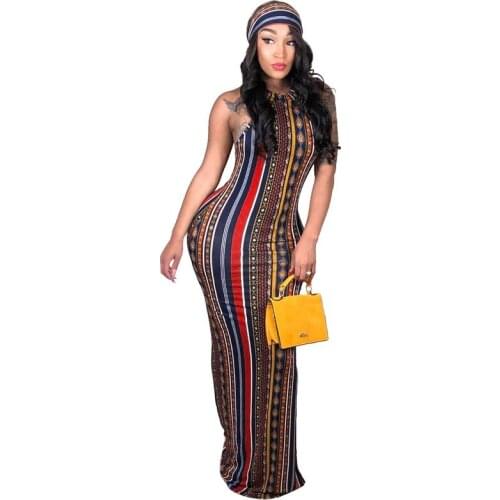 2021 Summer Sexy Dress Sexy Striped Bohemian Print Dress Fashion Sexy Striped Bohemian Print Dress (including Headscarf) New