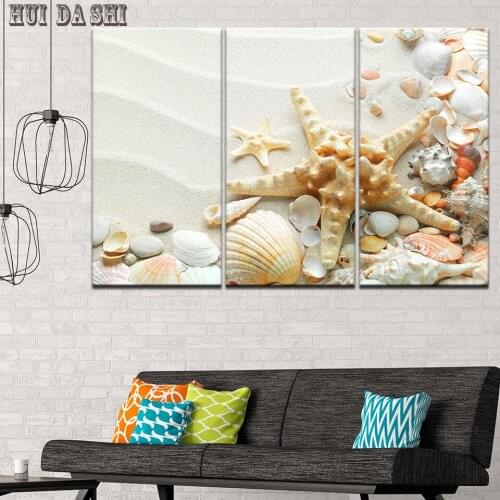 HD Wall Modern Canvas Printed Art Framework Pictures 3 Pieces Sand Beach Shell Starfish Seascape Paintings Home Decor Posters