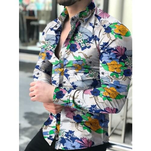 Spring and Autumn Mens Long-sleeved Floral Shirt Slim Floral Print Mens Shirt Street Style Outdoor Casual Long-sleeved Shirt