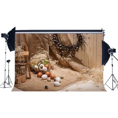 Happy Easter Backdrop Painted Eggs Old Banner Shabby Straw Carpet Rustic Stripes Wood Background Kids Adults