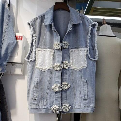 Spring New Fashion Pearl Diamond Sequin Pocket Women Denim Waistcoat Loose Vintage Frayed Burr Light Blue Short Jean Veste Femme