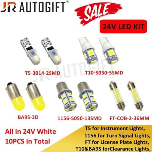 LED Kits 10PCS 24V White Interior Light T5 T10 FT BA9S 1156 194 W5W T4W Car Auto Turn Signal Dome License Plate Bulb Lamp Kits