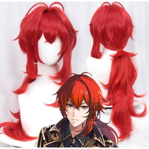 Diluc Cosplay Wig Genshin Impact Diluc Cosplay 60cm Long Red Hair Cosplay Halloween Anime Heat Resistant Synthetic Wigs