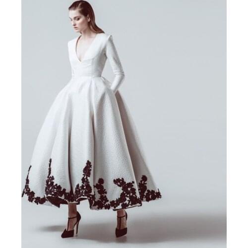 Elegant White Ankle Length Formal Party Dresses With Pockets Full Sleeves Appliques Lace Edge Prom Gowns