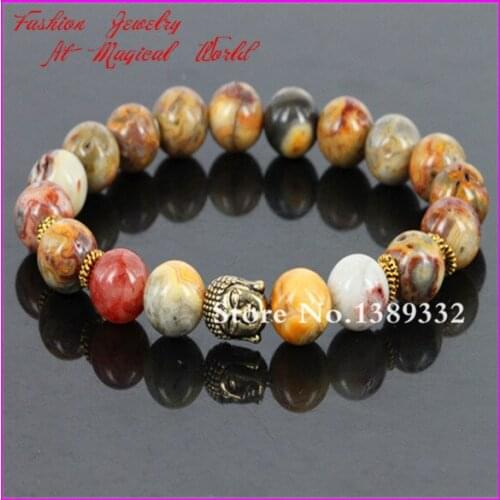 High Quality 10MM Nature Brown Gems Nature Beads Bracelet Gold-color Buddha Mala Bracelet, Yoga Meditation Stretch Bracelet