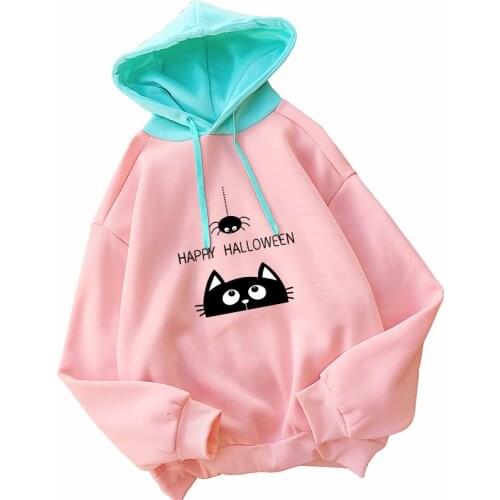 HAPPY HALLOWEEN Printing Lovely Cute Cat Spider Hoodie Funny Fashion Hip Hop Women Sweatshirt Hooded Tops Popular Female Outwear