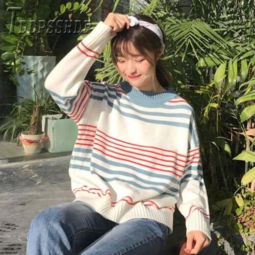 2019 Autumn Winter New Korean Loose Women Sweater Contrast Color Easy To Match Female Sweaters