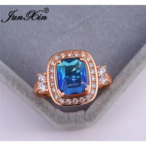 Vintage Rose Gold Two Tone Green Blue Stone Rings For Women Gradient Rainbow Fire Crystal Wedding Bands Square Engagement Ring