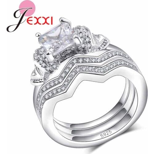 Elegant Ring Set Round Square Crystal Cubic Zircon Stone Ring for Women 925 Sterling Silver Bridal Wedding Gift Accessory