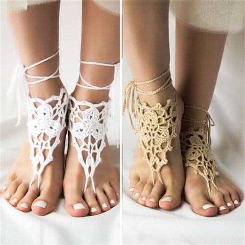 1 Pair Crochet Barefoot Sandals Beach Pool Wear Toe Ring Anklet Nude Shoes Foot Jewelry Victorian Lace Yoga Shoes Bridal Anklet