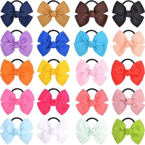 20PCS/LOT 3.7Inch Grosgrain Ribbon Elastic Hair Bows Boutique For Girls Handmade Solid Bowknot Headwear Kids Hair Accessories