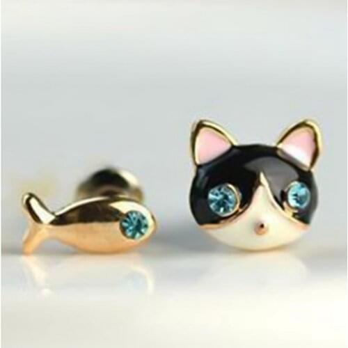 2019 Simple Fashion Earrings Jewelry High Quality Blue Crystal Cat And Fish Asymmetric Earring For Women