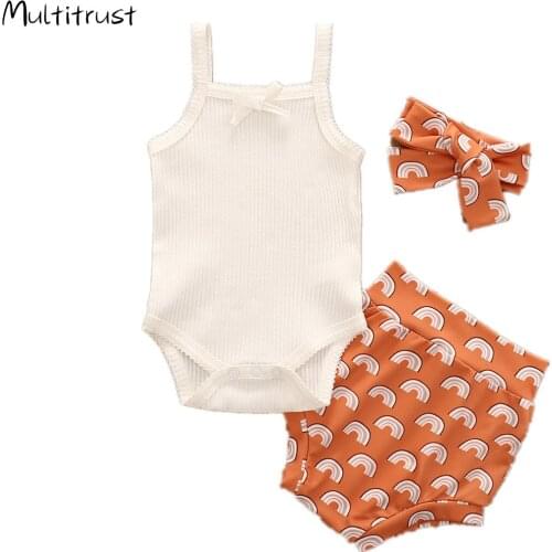 2020 Baby Girls Boys Clothes Sets Flowers/Rainbow Print Sleeveless Bodysuit+ Shorts +Headband 3pcs