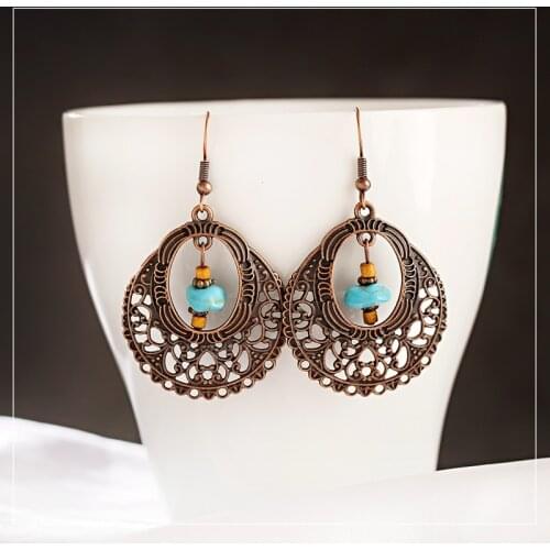 Bohemian Ethnic Bronze Alloy Hollow Ladies Earrings Vintage Turquoises Stone Beads Earrings Femmes Pendientes