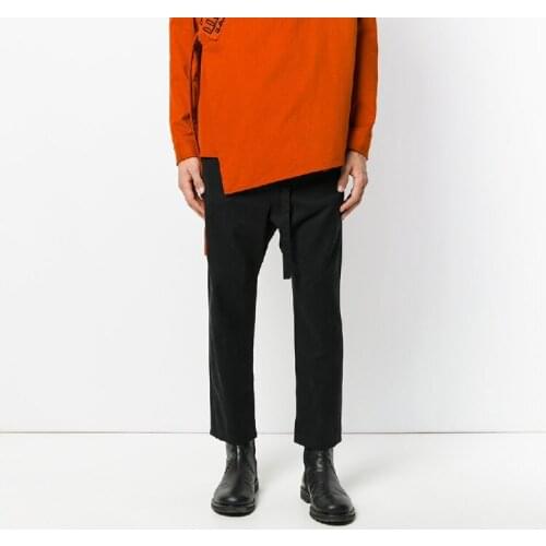 Mens casual pants nine point belt fashion male youth fashion urban fashion new European and American slim Pants Black