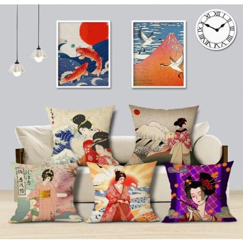 Japanese Ukiyo Style Decor Linen Cushion Cover Retro Japanese Ladies Fuji Mountain Ocean Waves Square Printed Throw Pillow Cover