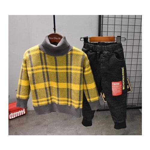 Boys long-sleeved plush thickening+plush pants 2 sets of boys clothes suit casual childrens clothing children baby boy clothes