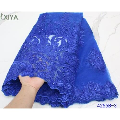 Royal Blue Nigerian Mesh Net Laces Fabrics with Beads Cheap African French Tulle Lace Fabric for Woman Wedding Party APW4255B