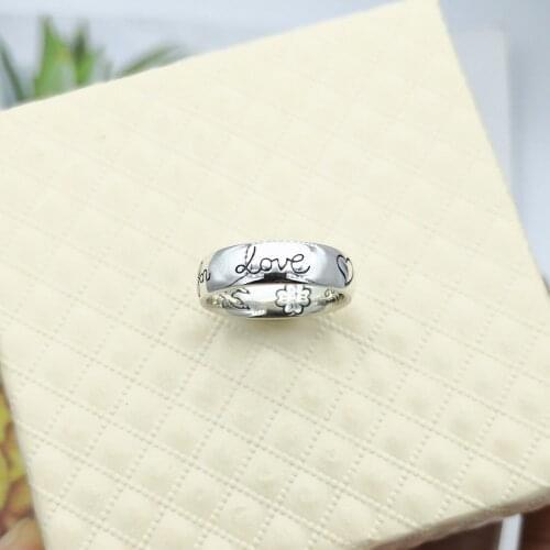 Men and women lovers from 925 sterling silver classic sweet romantic flower ring jewelry carved heart love letters