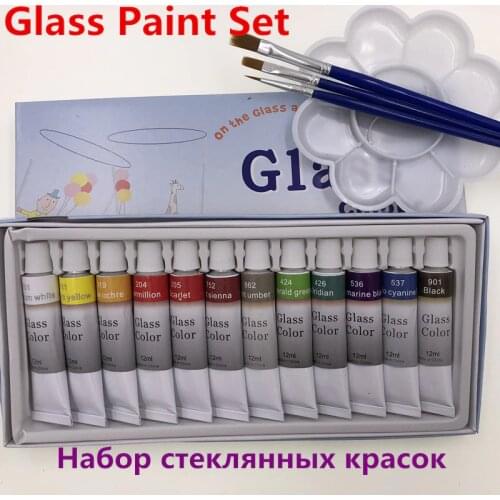 12 Colors 12ML Color Glass Paint Set Acrylic Paint Hand Painted Pigments Glass Paint Color Free For Brush And Paint Tray