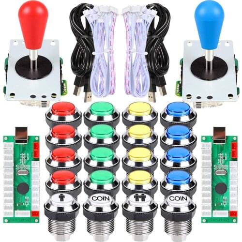 2 Player Ellipse Arcade Kit Standard Oval Bat Joystick Handles + LED Chrome Arcade Buttons for Video Games Controllers Part