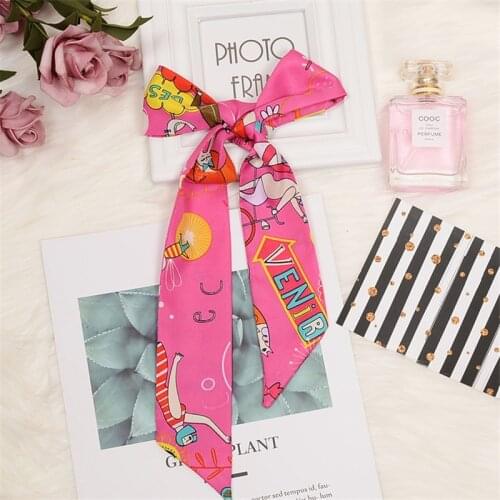 New style long silk scarf headband tied hair female cartoon print fashion tied bag handle small ribbon womens narrow scarf BS52