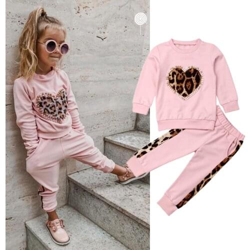 6M-5Y Baby Girl Winter Clothes Sets Girls Pink Long Sleeve Leopard Tops Kid Long Pants Toddler Outfit Tracksuit