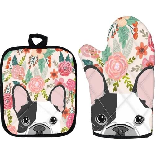 Floral Animal Oven Glove Microwave Heat Resistant Mitts Dog/Cat Print Kitchen Cooking Baking Gloves Non-slip Potholders Mitts