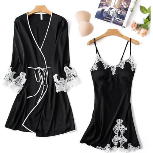 Sleepwear Spring summer new pajamas womens simulation faux silk V-neck sexy lace Nightgown suspender home clothes set