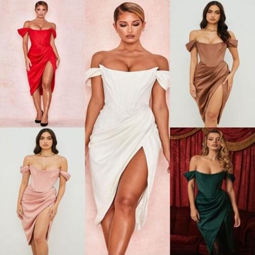 KLEEZY Satin Dress For Women 2021 Irregular Off Shoulder Strapless Midi Vesitos Elegant Party Bodycon Dress CB Summer Dresses