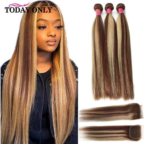 P4/27 Highlight Bundles With Closure Brazilian Bone Straight Bundles With Closure Highlight Color Remy 3 4 Bundles With Closure