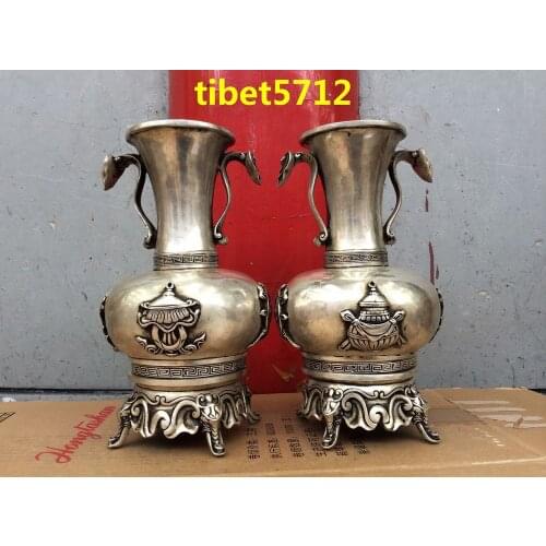 Bronze coated silver tibetan 8 lucky symbol ruyi flower tabletop Vase Garden Decoration 100% real Brass Bronzeroom Art
