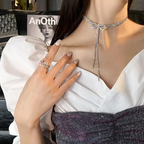 SHIFEEL 2021 Korea New Fashion Rhinestone Bow Knot Temperament Tassel Necklace Clavicle Chain Collar Women Jewelry Sets
