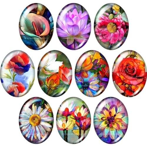 TB0215 oil paintings Flowers Lotus Daisy 13x18mm/18x25mm/30x40mm mixed Oval photo glass cabochon demo flat back Jewelry findings