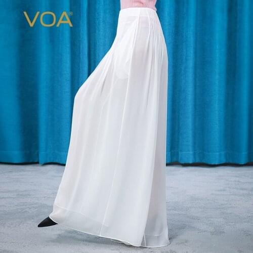 VOA Summer Silk Georgette Three-dimensional Fold Decoration Invisible Side Pull Pocket Double-layer White Wide-leg Pants KE376