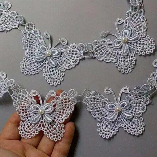 10x Blue Butterfly Pearl Embroidered Lace Trim Ribbon Fabric Handmade DIY Sewing Craft For Costume Hat Shoes Decoration