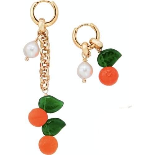 Lady luxurious Korean bohemian glass orange fruit persimmon freshwater pearl stainless steel hoop earrings for women jewelry