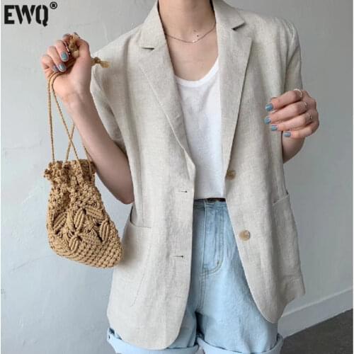 [EWQ] Minimalism Women Black Casual Linen Blazer New Notched Short Sleeve Loose Fit Jacket Fashion Tide Spring Summer 2021 F0485