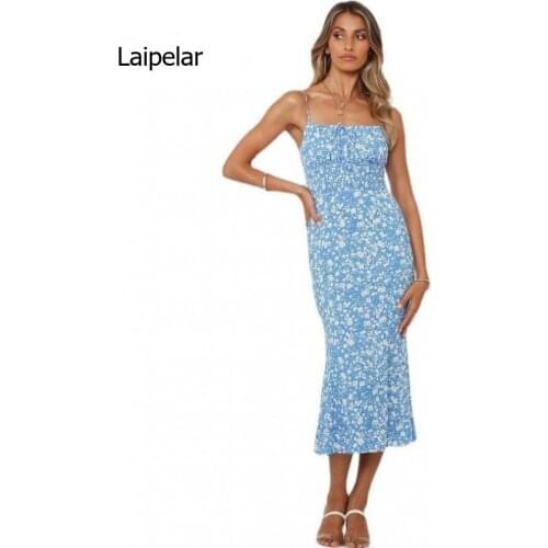 2021 European and American Summer New Sexy Suspender Open Back Lace Up Print Dress for Women