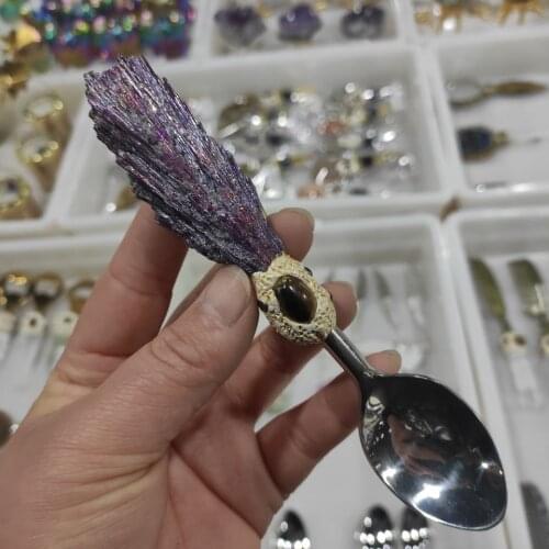 1pcs natural crystal tourmaline Long Handled Stainless Steel Spoon Cheese For Picnic Kitchen Accessories