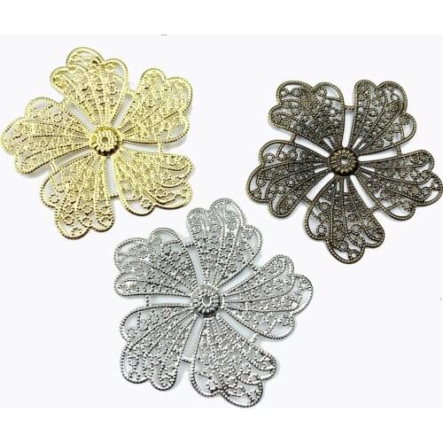 10pcs/lot 64mm Gold color/rhodium/Antique bronze Metal Filigree Flowers Slice Charms base Setting Jewelry DIY Components