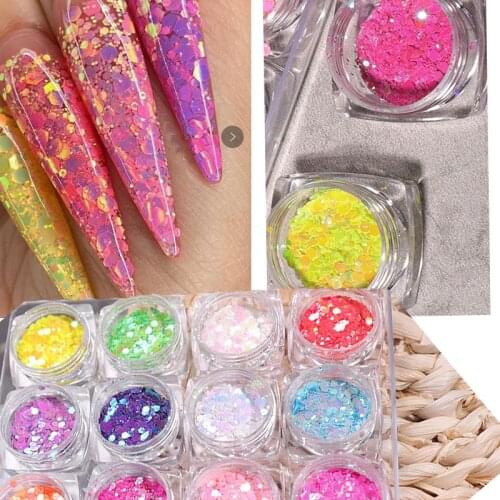 12 Colors 1-3mm Color shift chunky mix Opal Chunky 3 cut Color Shift Polyester Glitter / Nail Art Glitter / Chunky Opal Glitter