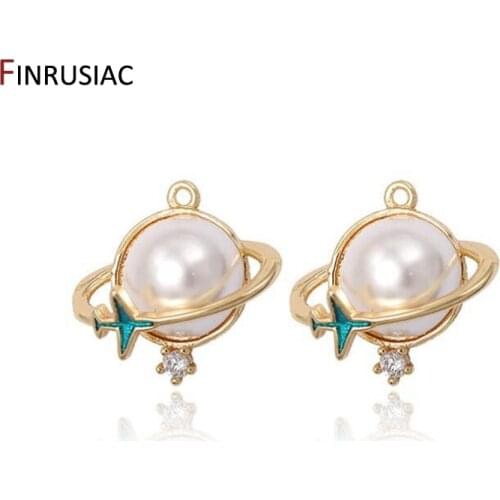 2020 New Fashion 14k Gold Plated Copper Metal Inlaid Pearl Enamel Planet Pendant For DIY Jewelry Earrings Findings Accessories