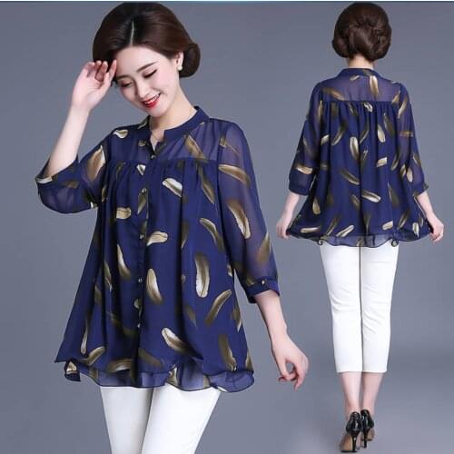 2020 New Summer Middle Aged Women Three Quarter Sleeve Fashion Chiffon Blouse Tops Female Flower Print Plus Size 4xl Shirt W20